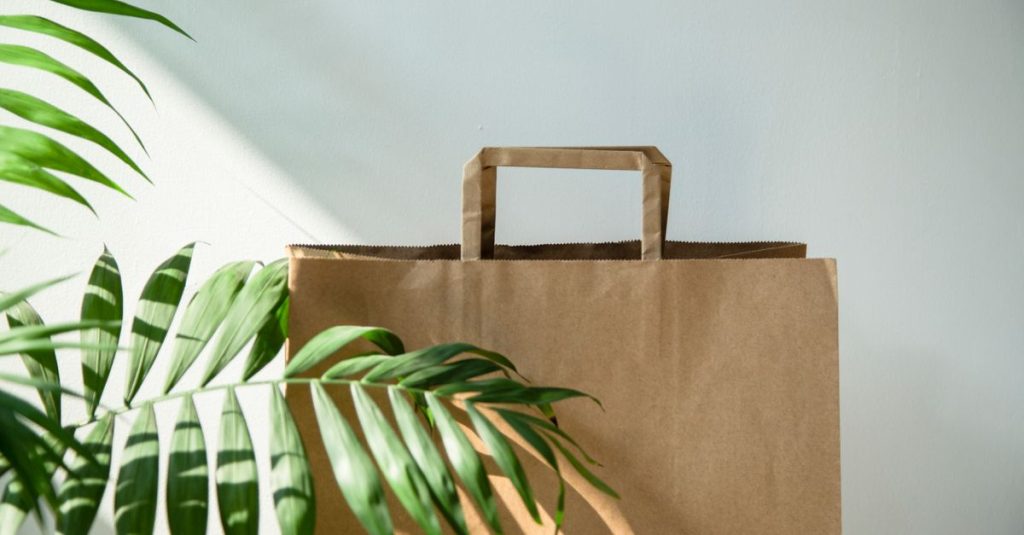 Brown paper shopping bag surrounded by lush green leaves in a minimalistic setting.