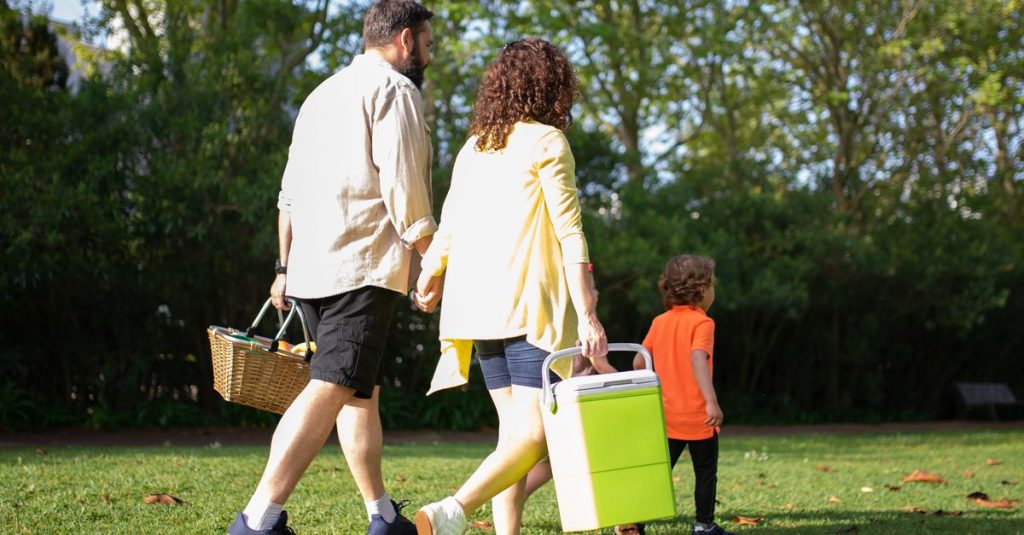 A family with a child carrying picnic essentials walking in a sunny park.