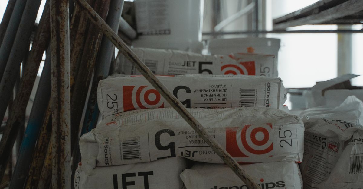 Sacks of cement placed in an indoor construction area, showcasing renovation materials.